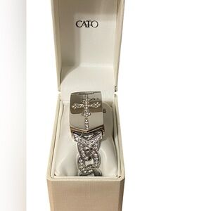 Women’s Cato Silver Toned Cross Bracelet Watch W/ Rhinestones